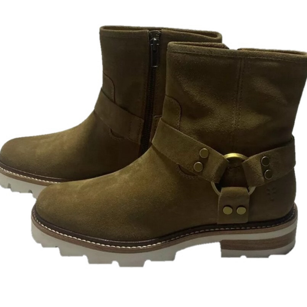 NEW FRYE Olivia Harness Short Suede Womens Size 8 Comfort Boot White Brown Gold
